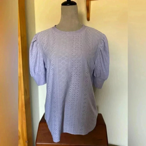 Lavendar eyelet top with buttons detailed on sleeve. Worn 2x.  Smoke free home. - Picture 1 of 5